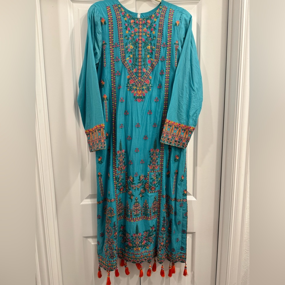 Hussain Rehar Embroidered Teal Maxi Dress